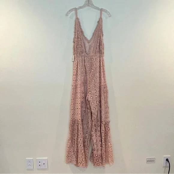 Free People Yesenia Light Pink Floral Lace V Neck Wide Leg Boho Jumpsuit M NWT - Picture 8 of 8